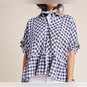 Maeve Anthropologie Flounce Gingham Blouse Top Button Down Ruffled Small